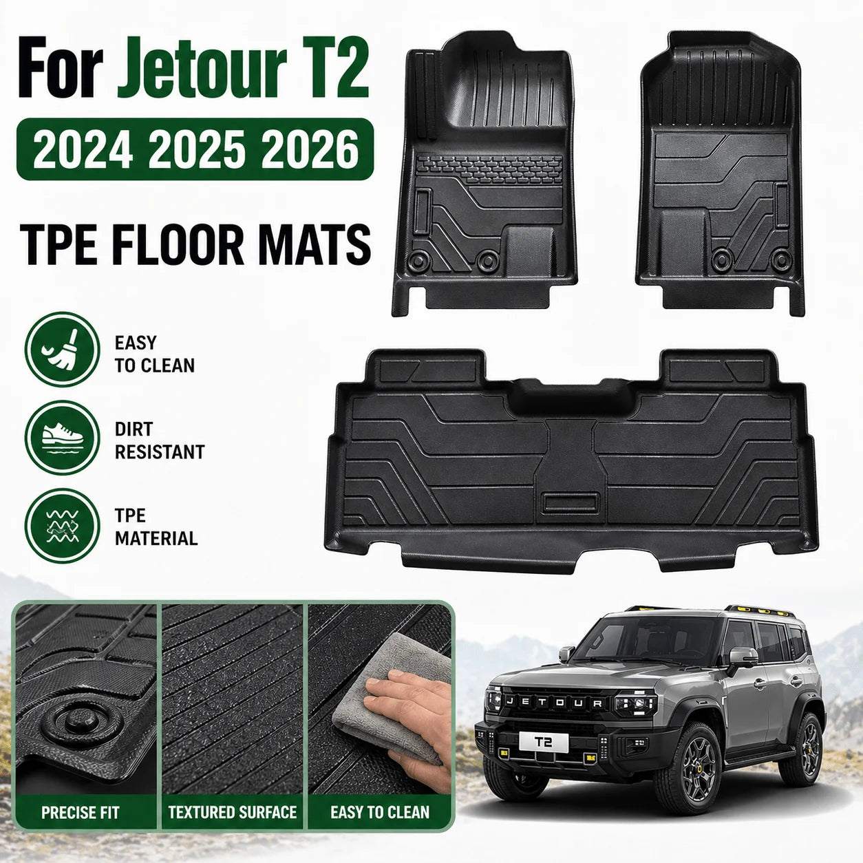 Jetour T2 — 3D TPE Floor Mats & Cargo Liner Set (2024–2026)