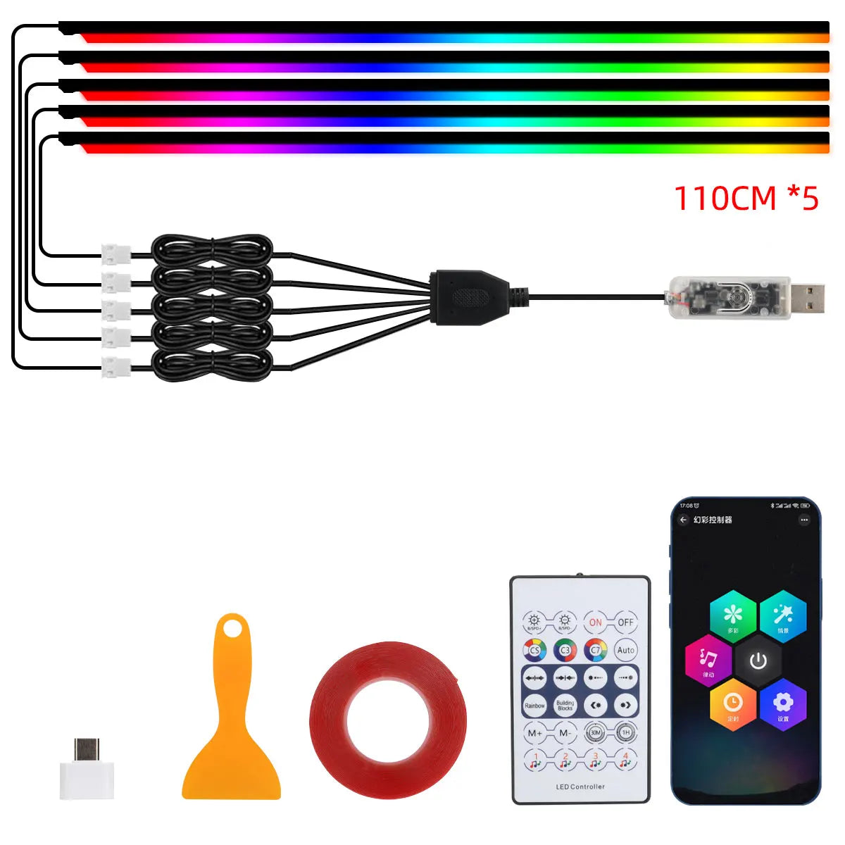 KEVANLY RGB Symphony Ambient LED Light Strip — App-Controlled Interior Atmosphere Lighting (USB, 12V)