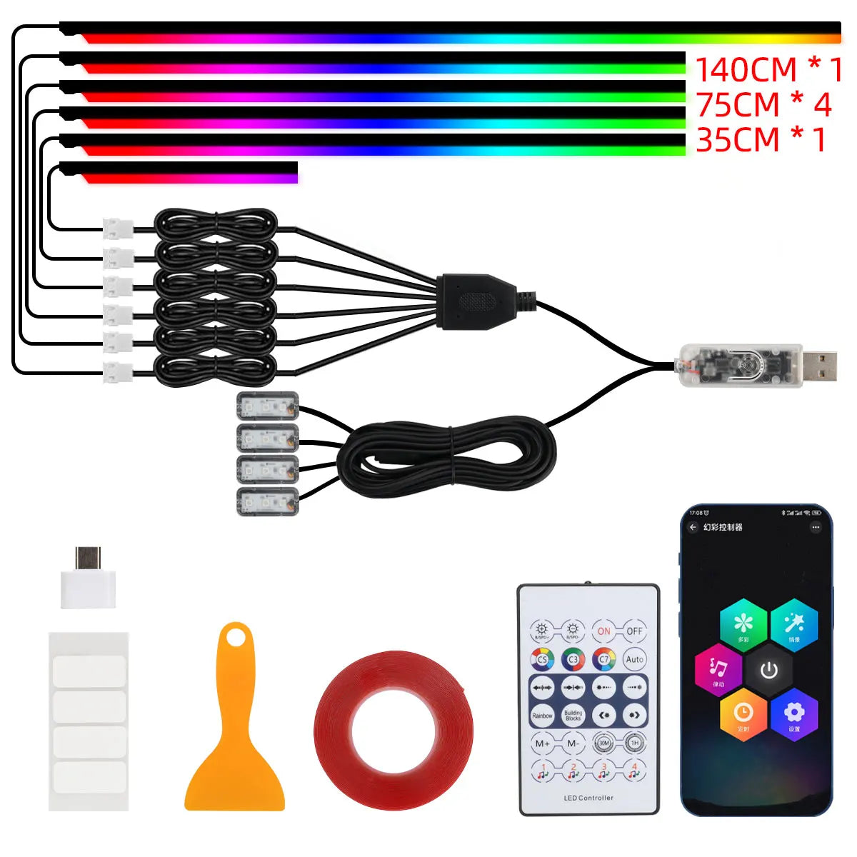 KEVANLY RGB Symphony Ambient LED Light Strip — App-Controlled Interior Atmosphere Lighting (USB, 12V)
