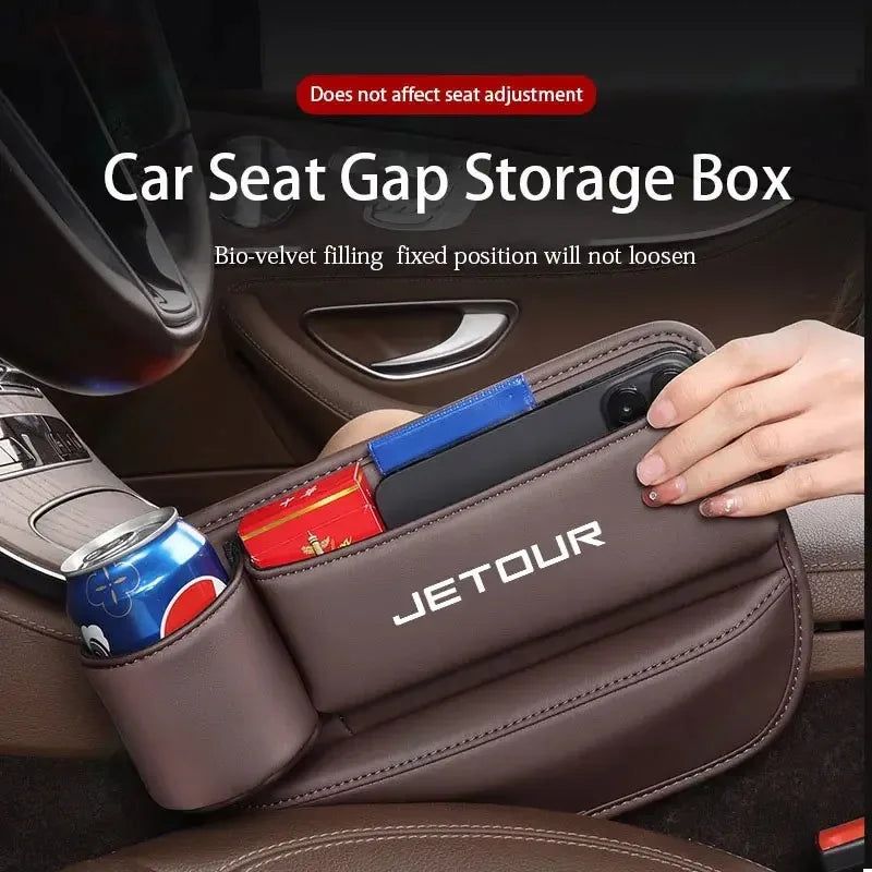Jetour T1 / T2 / Dashing / X70 / X70 Plus / X90 Plus — PU Leather Seat Gap Storage Box & Bottle Holder