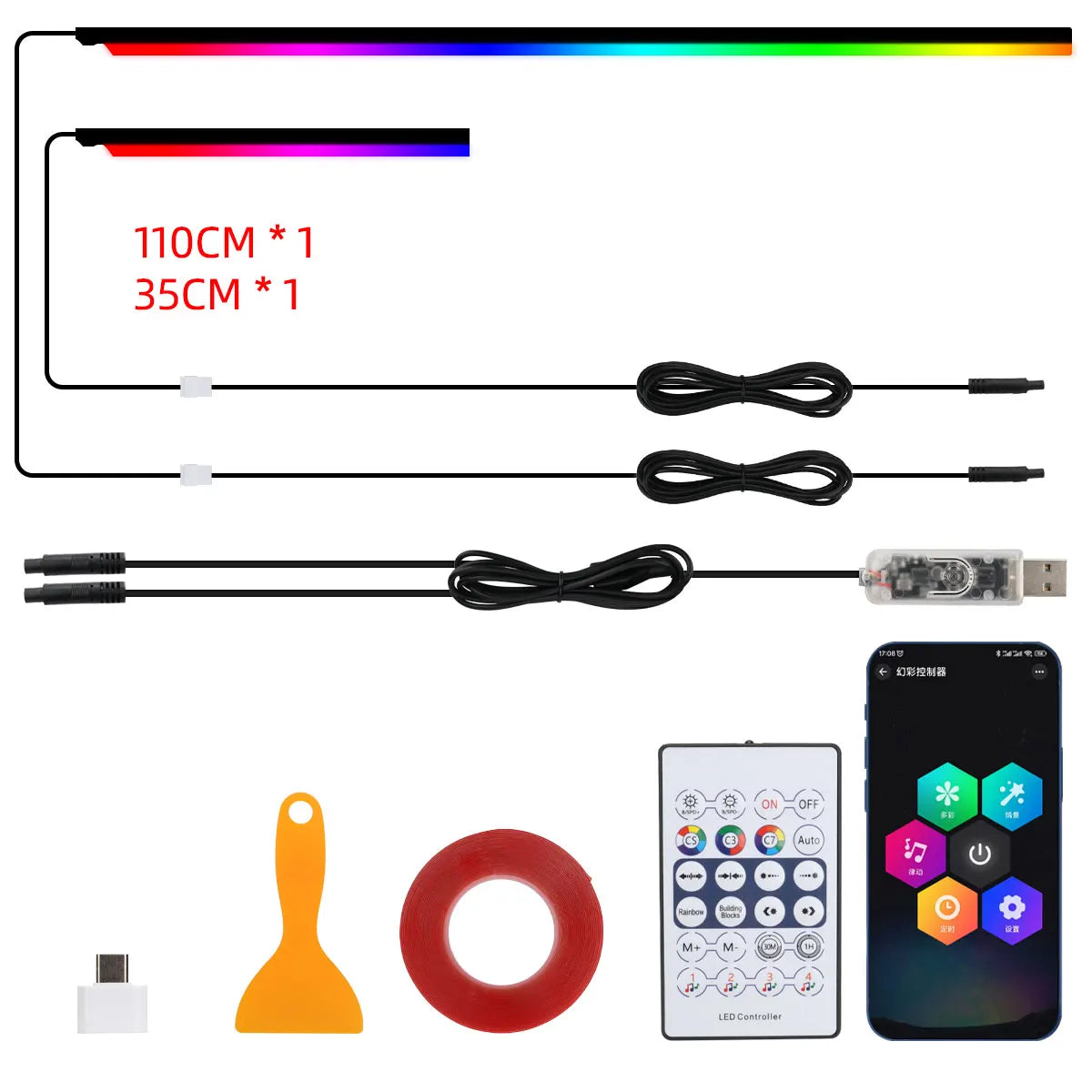 KEVANLY RGB Symphony Ambient LED Light Strip — App-Controlled Interior Atmosphere Lighting (USB, 12V)