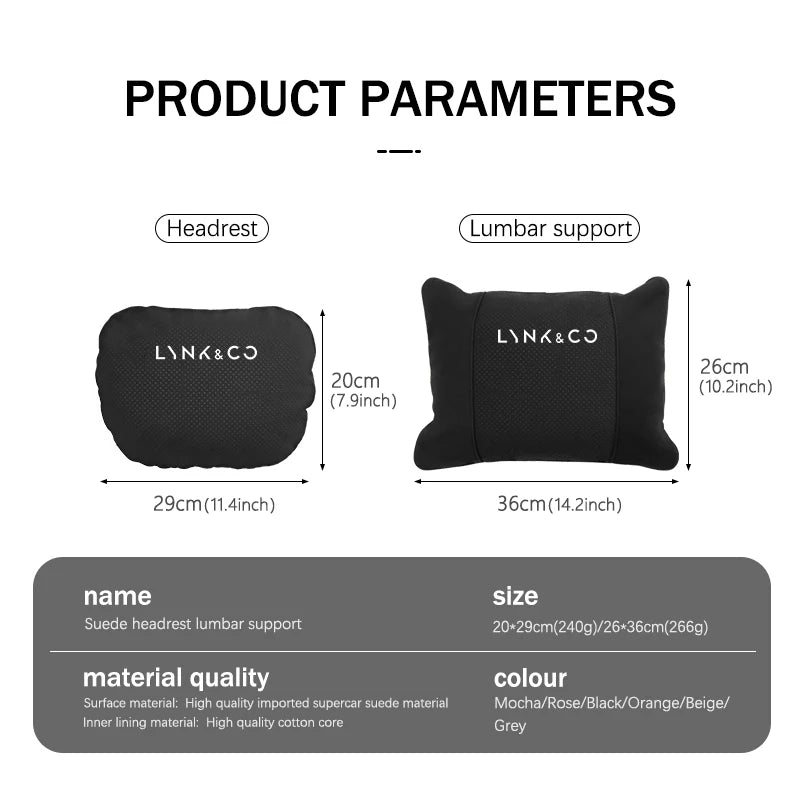 Lynk & Co — Suede Genuine Leather Neck Headrest & Lumbar Support Pillow Set (01 / 02 / 03 / 05 / 06 / 09)