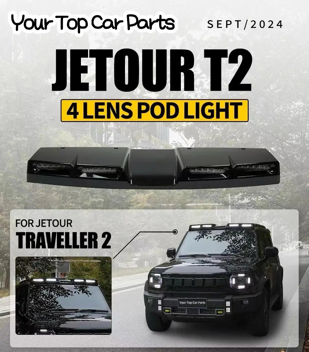 Jetour T2 — Glossy Black Roof Spoiler LED Light Bar 6000K (2023–2025)