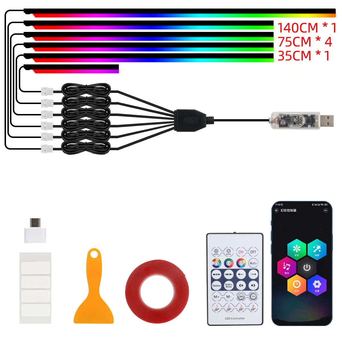 KEVANLY RGB Symphony Ambient LED Light Strip — App-Controlled Interior Atmosphere Lighting (USB, 12V)