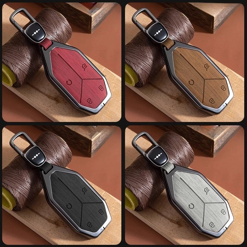 BYD Leopard 5 / 8 / Ti3 / Ti7 — Wood Grain Zinc Alloy Key Fob Case & Keychain (2025–2026)