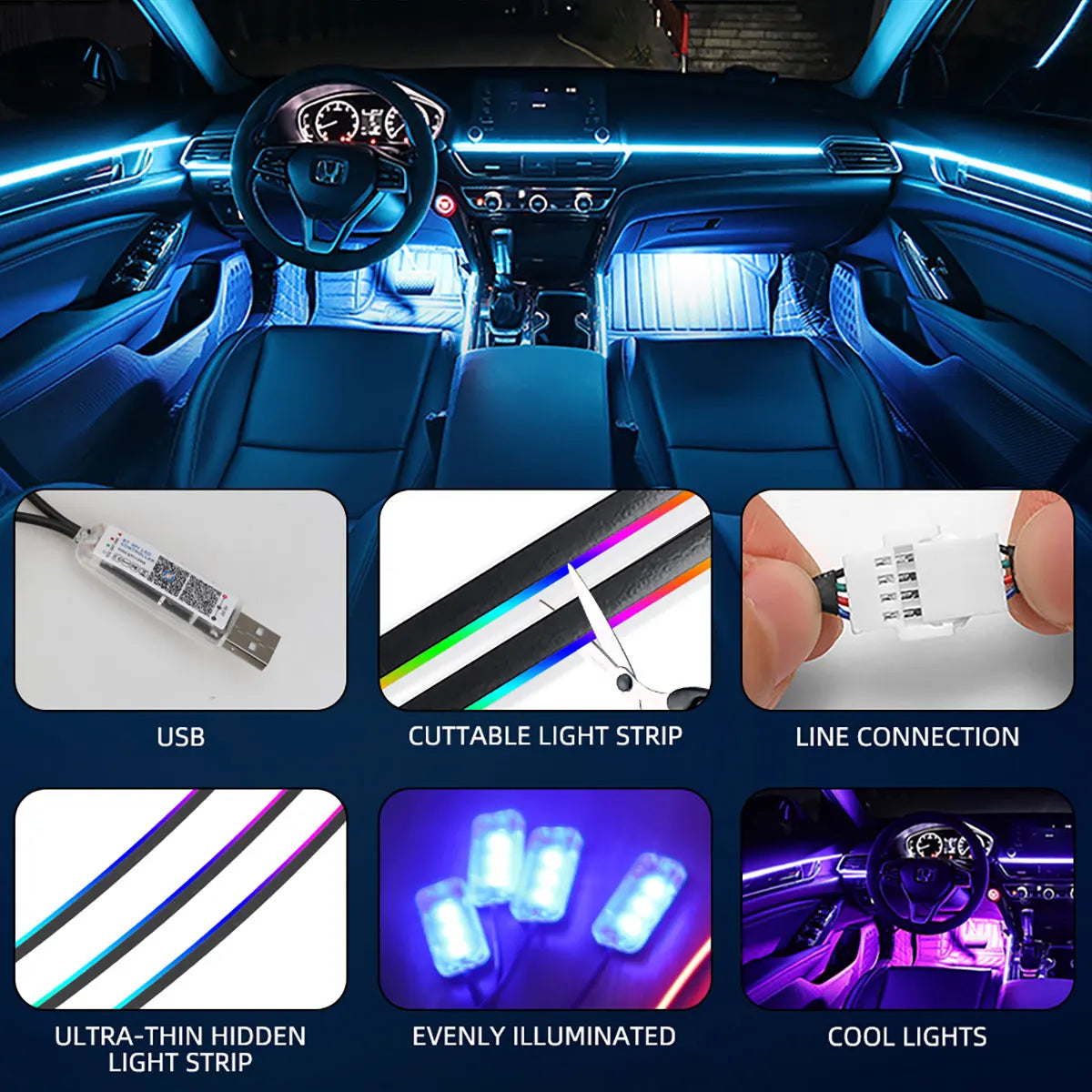 KEVANLY RGB Symphony Ambient LED Light Strip — App-Controlled Interior Atmosphere Lighting (USB, 12V)