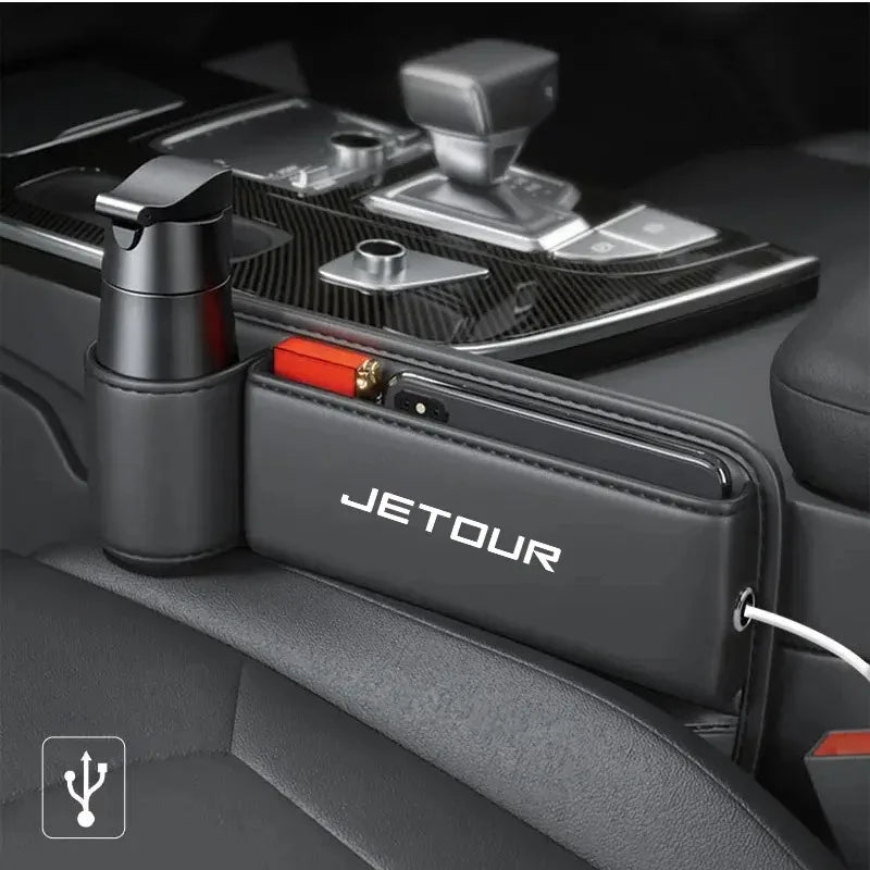 Jetour T1 / T2 / Dashing / X70 / X70 Plus / X90 Plus — PU Leather Seat Gap Storage Box & Bottle Holder